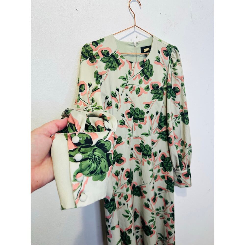 ALEXIA ADMOR Off-White Green Floral Sophie Cinched Waist Flowy Dress size 10 - Picture 4 of 16